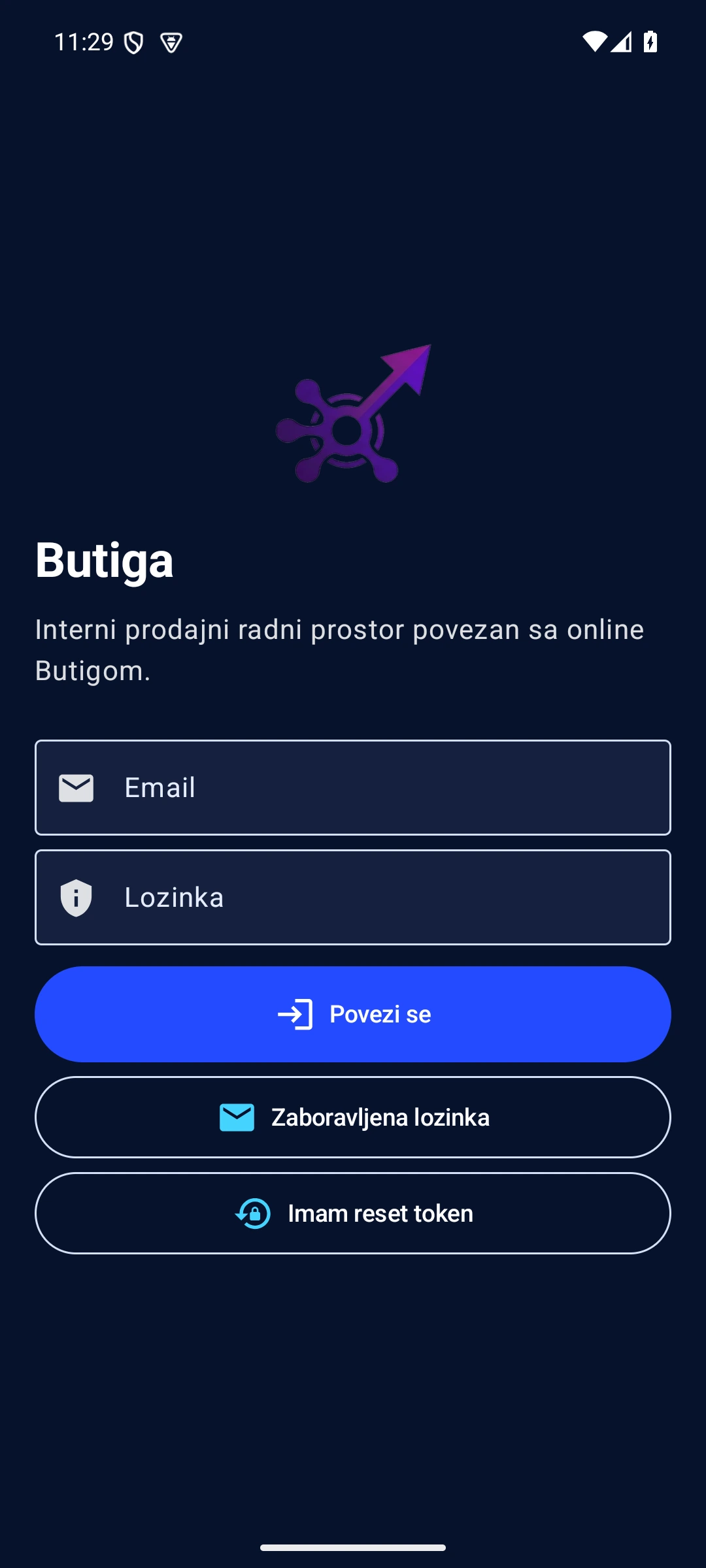 Butiga Android aplikacija sa demonstracionim ekranom prijave